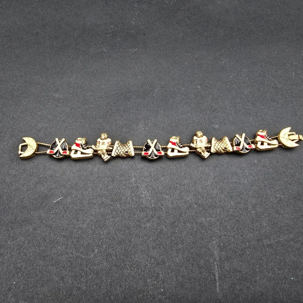 Vintage Gold Tone Ice Hockey Charm Bracelet Enamel Skates Player Net 7.25 Inch